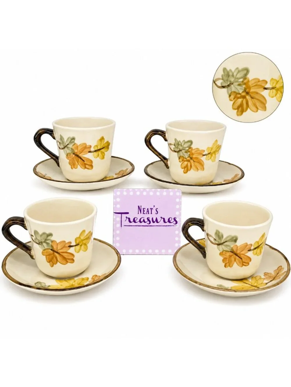 Franciscan OCTOBER Brown Yellow Leaves Earthenware 8oz Flat Cup & Saucers Set 4